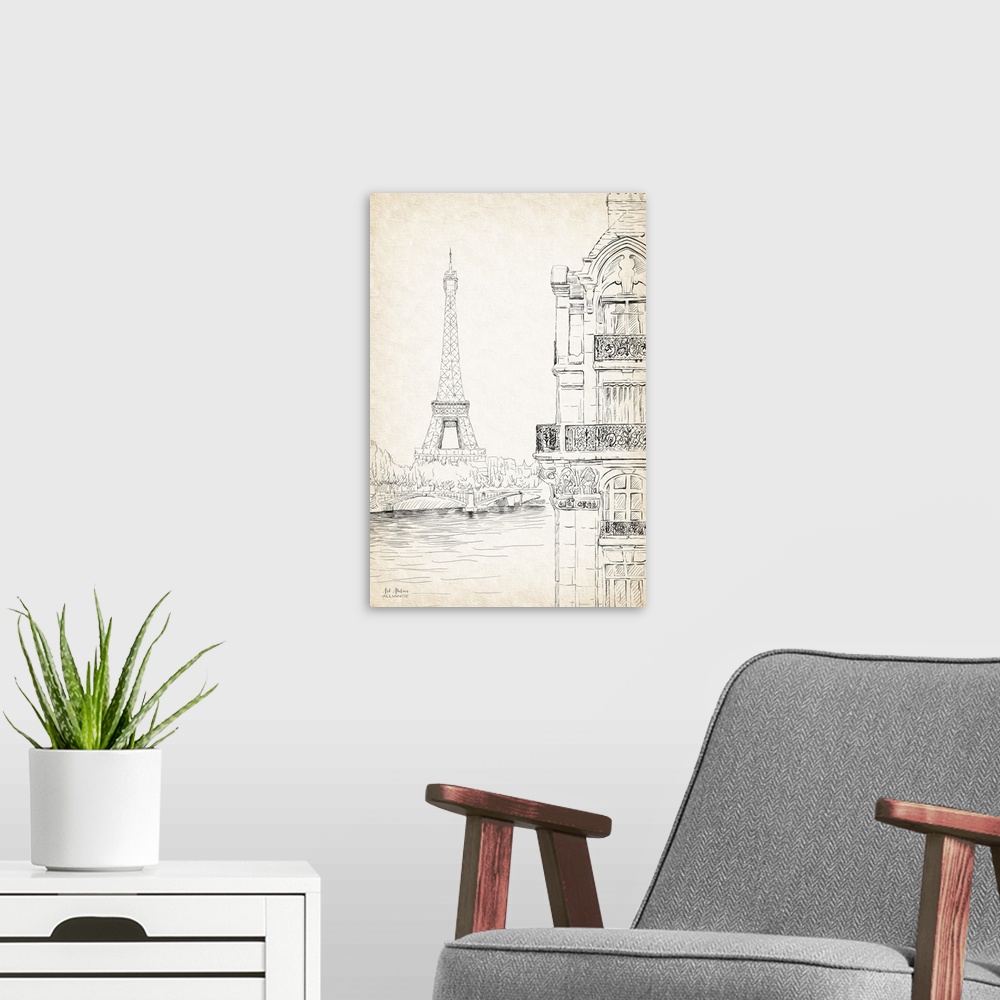 A modern room featuring Contemporary illustrative home decor artwork of the Eiffel Tower in Paris from the other side of ...