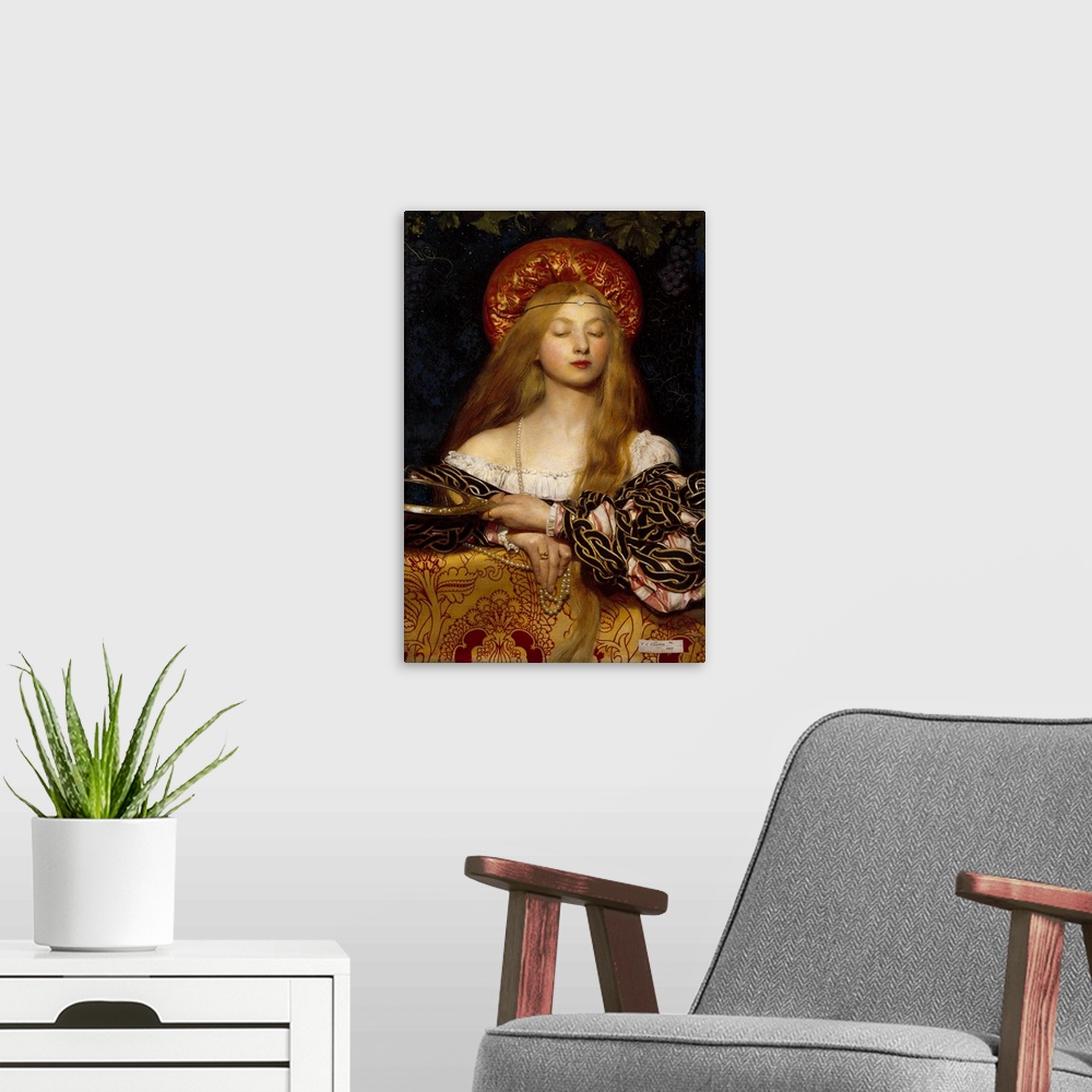 A modern room featuring Vintage artwork of a woman in elegant and classic attire.