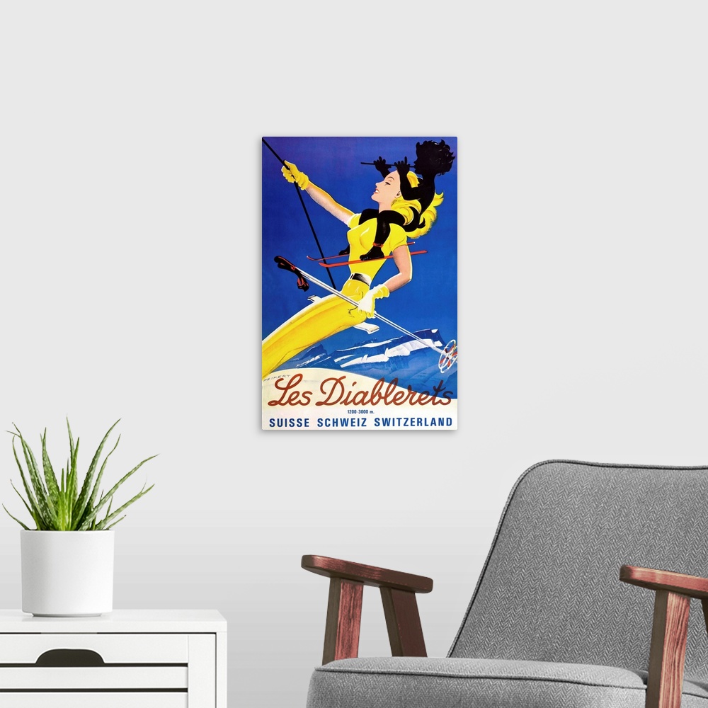 A modern room featuring Vintage poster advertisement for Diablerets