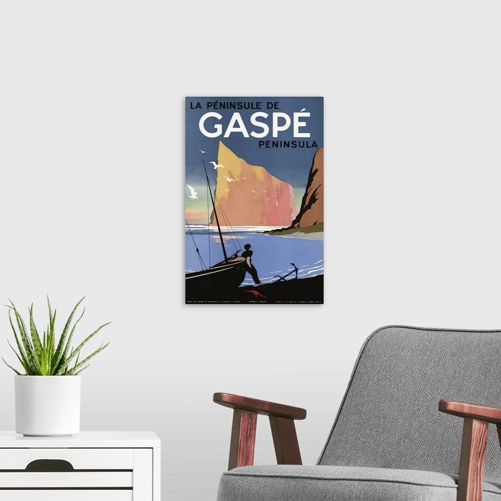 A modern room featuring Vintage poster advertisement for Gaspe.