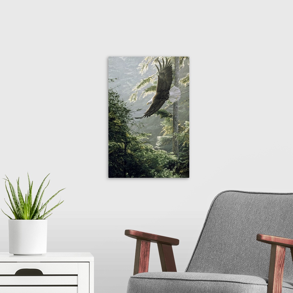 A modern room featuring An eagle soars above a forest, the morning light shining on the leaves.