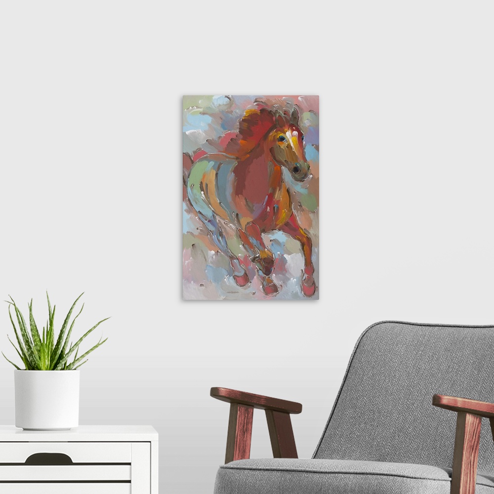 A modern room featuring Colorful contemporary painting of a galloping horse.