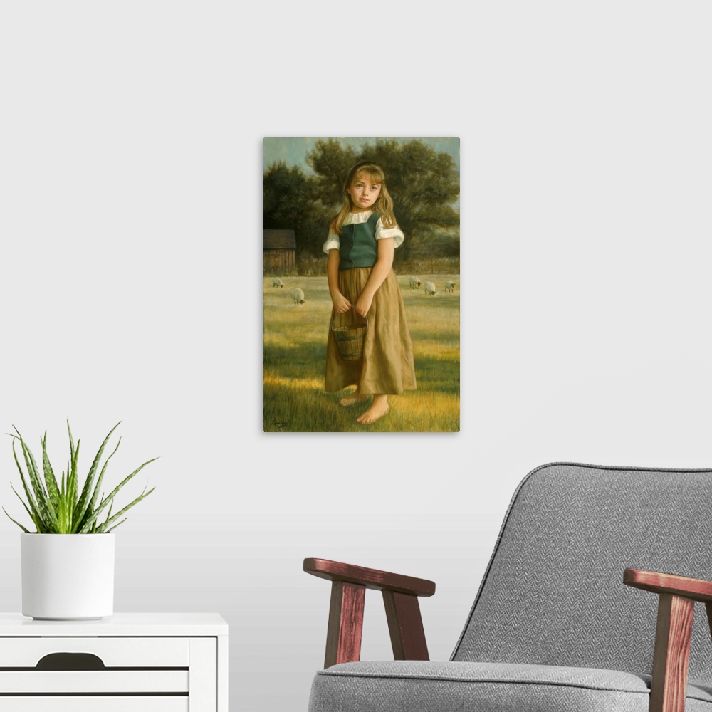 A modern room featuring Little girl holding a basket standing in a field with sheep behind her.