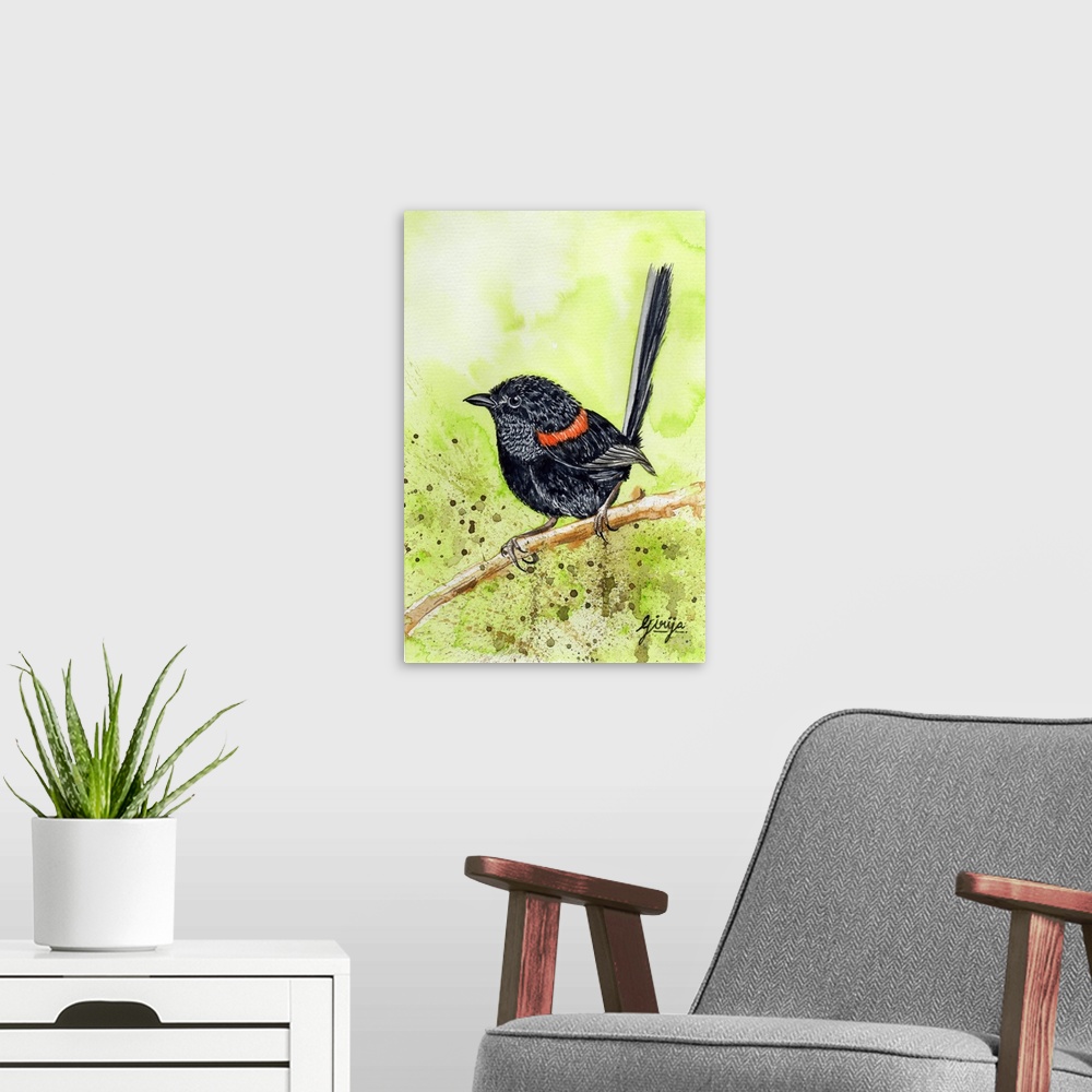A modern room featuring This little black bird with red feathers around the neck is red backed fairy wren bird painted in...