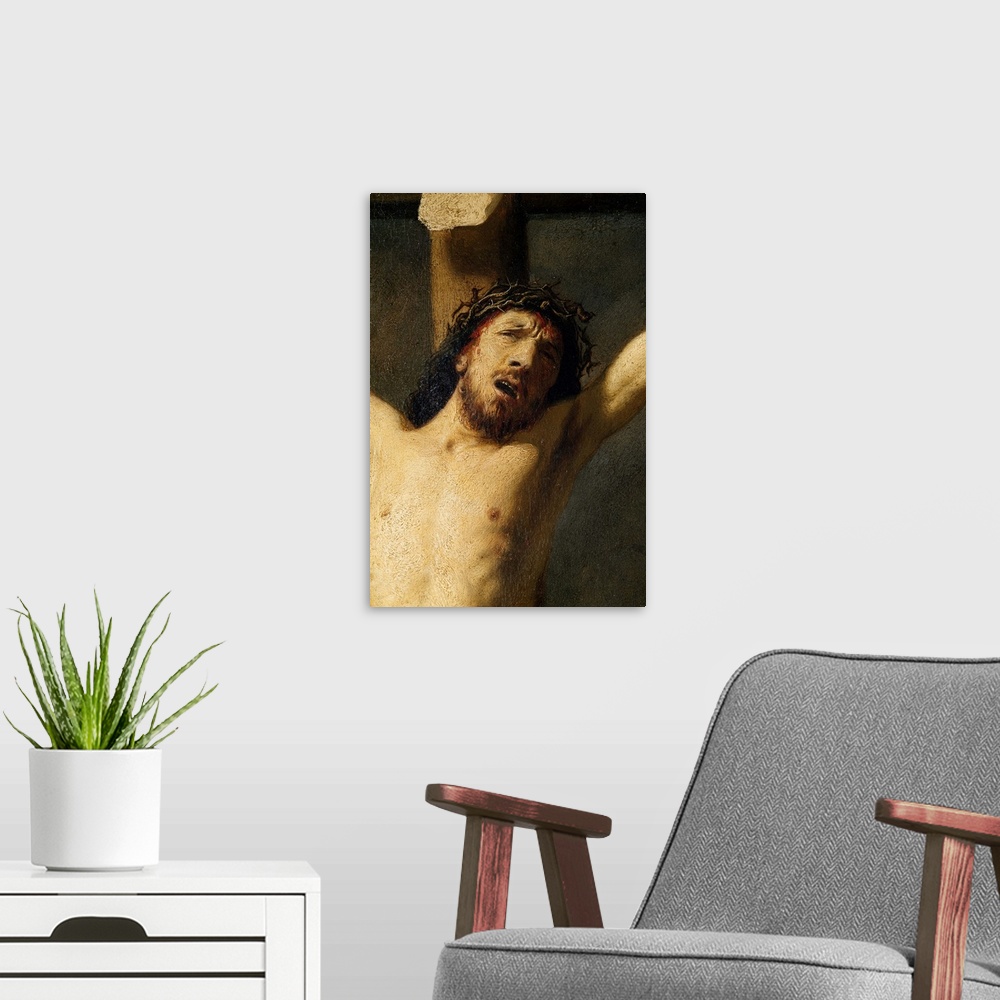A modern room featuring Christ on the Cross, detail of the head