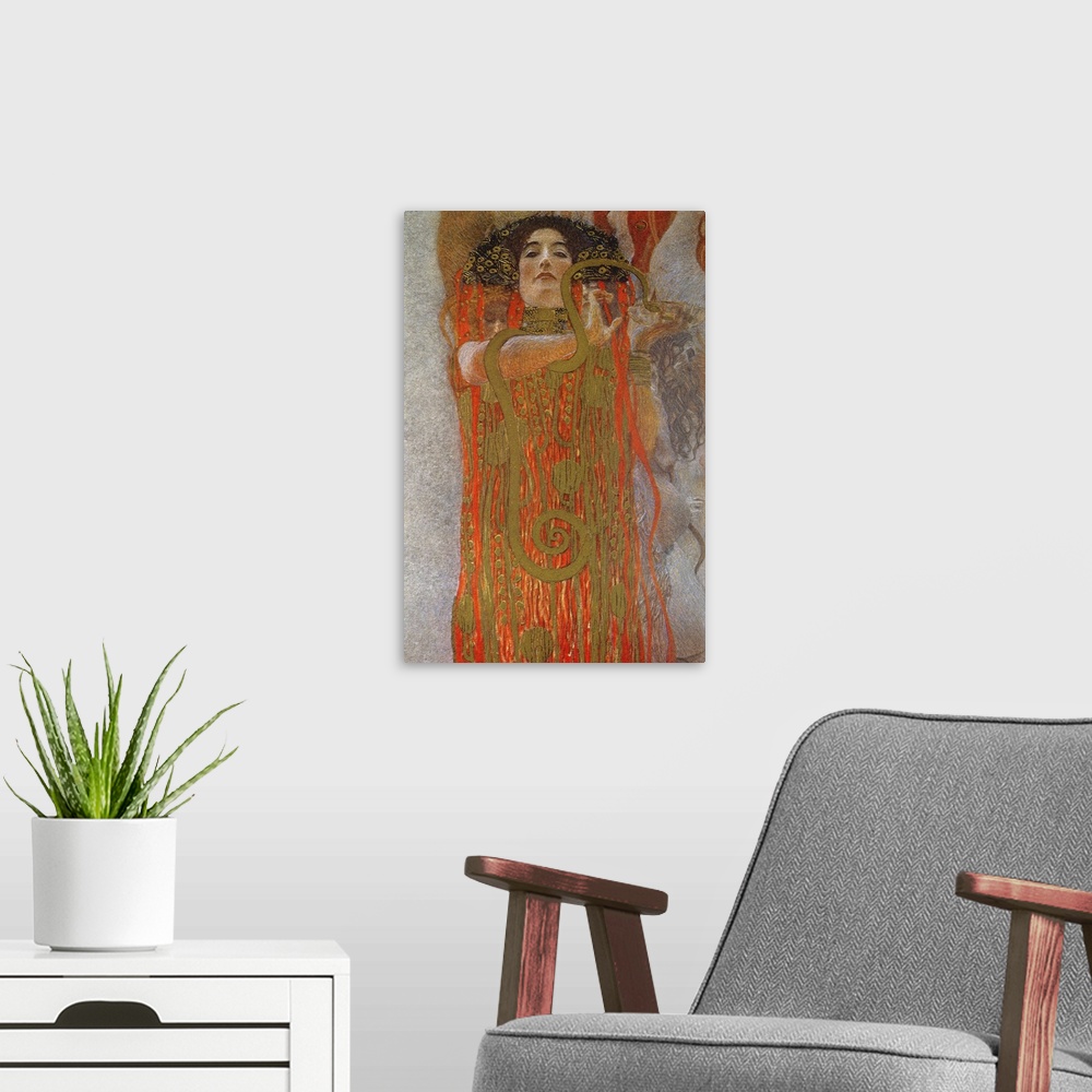 A modern room featuring Vertical, oversized classic art on canvas of Hygieia, the goddess of good health, holding a snake...