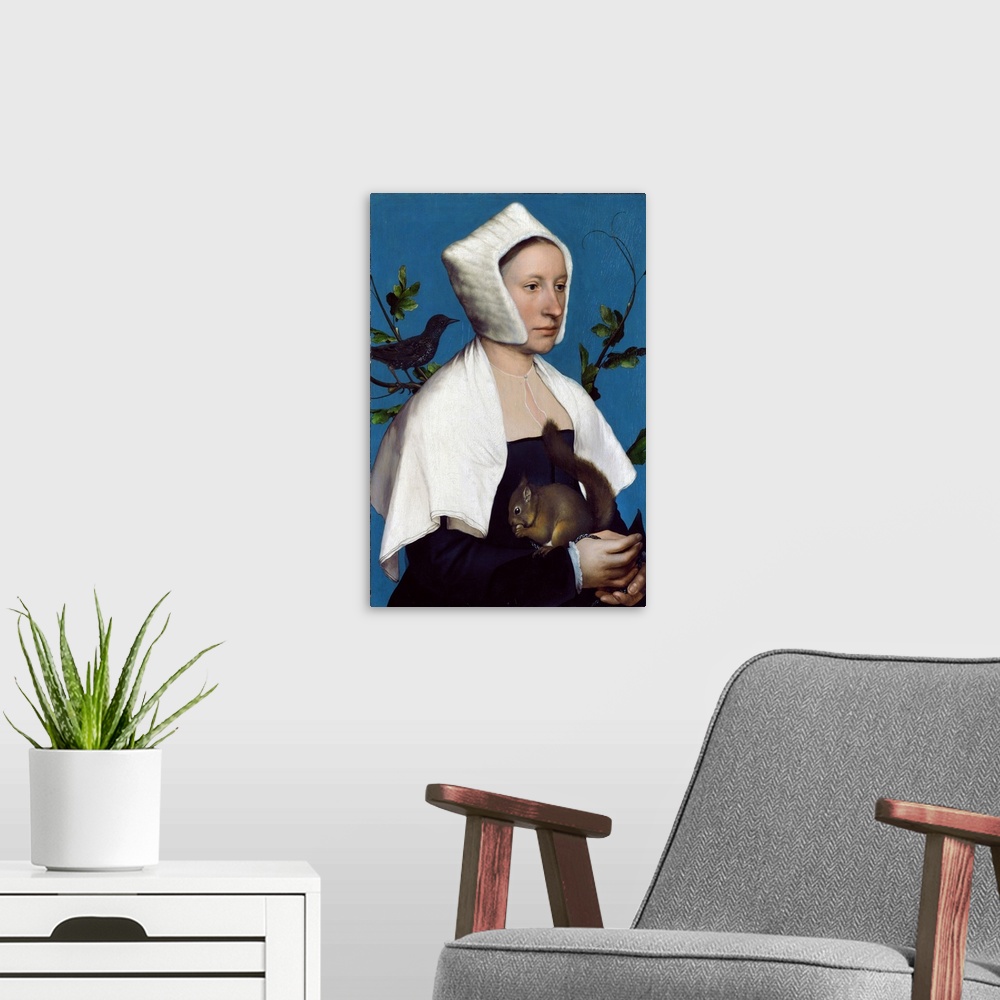 A modern room featuring Lady with a Squirrel and a Starling, c. 1526-28, oil on panel.  By Hans Holbein the Younger (1497...