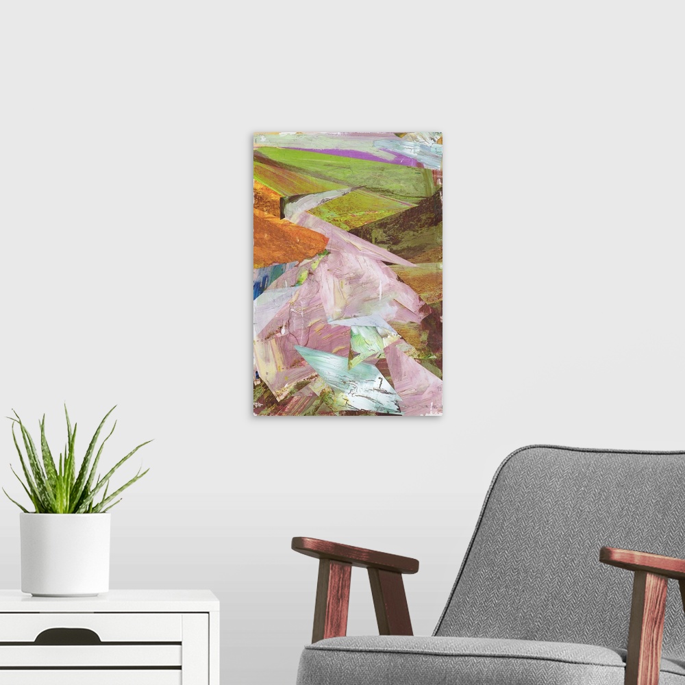 A modern room featuring Originally mixed media on wood panel.