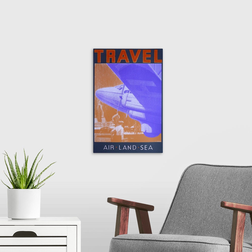 A modern room featuring Contemporary artwork of an air travel poster.