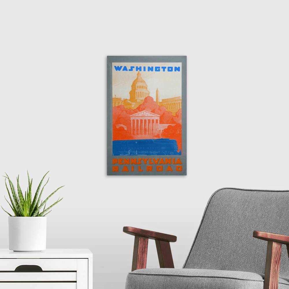 A modern room featuring Contemporary artwork of a travel poster for Washington DC via the Pennsylvania Railroad.