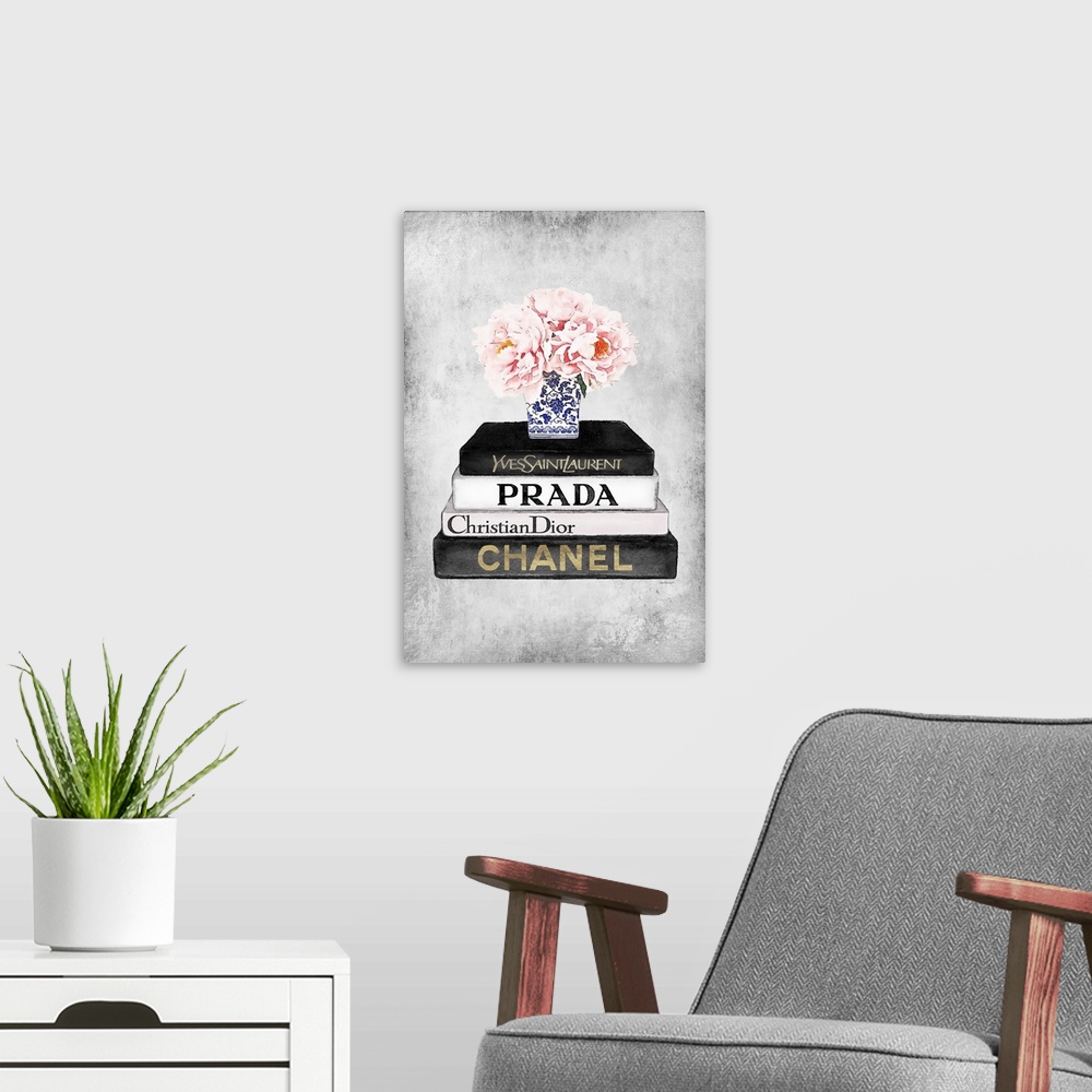 A modern room featuring Bookstack Pink Peony Vase