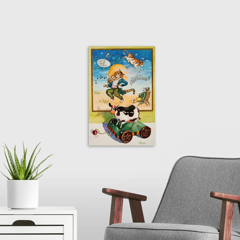 A modern room featuring Children's book "Hey Diddle Diddle" themed watercolor painting.