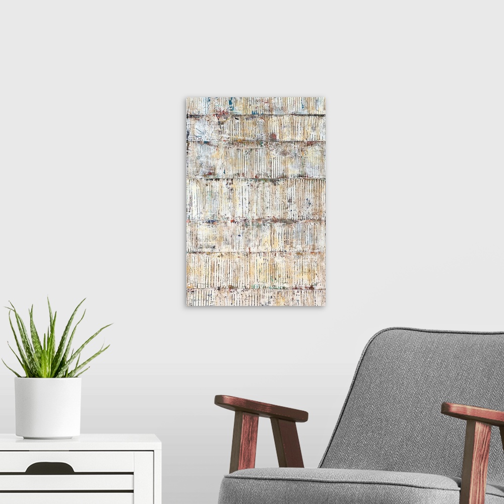 A modern room featuring Abstract painting that has horizontal lines with small vertical lines on each section, and a weat...