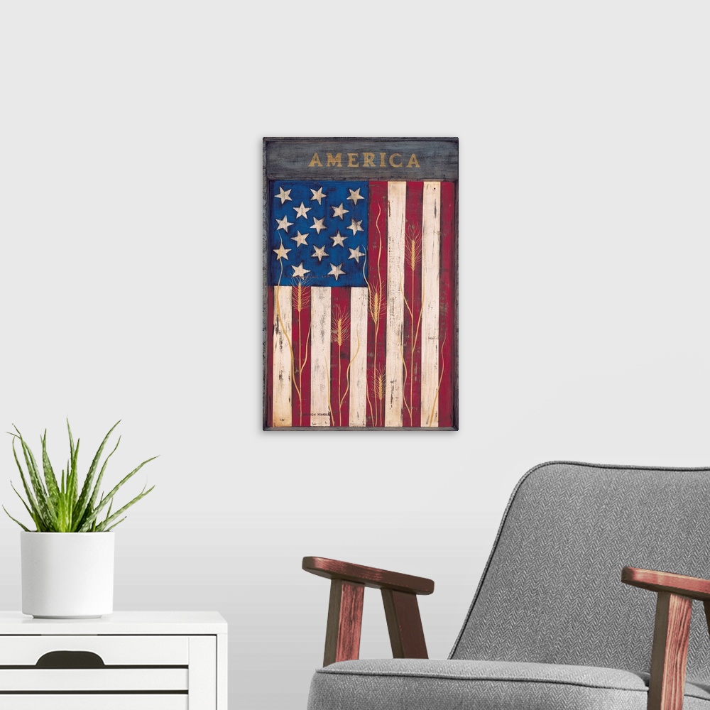 A modern room featuring Patriotic Flag painting on canvas.