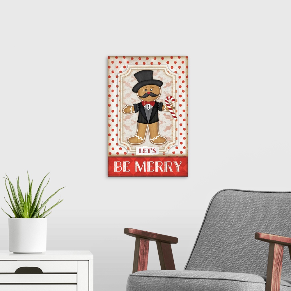 A modern room featuring Holiday themed home decor artwork of a gingerbread man against a white and red polka dotted backg...