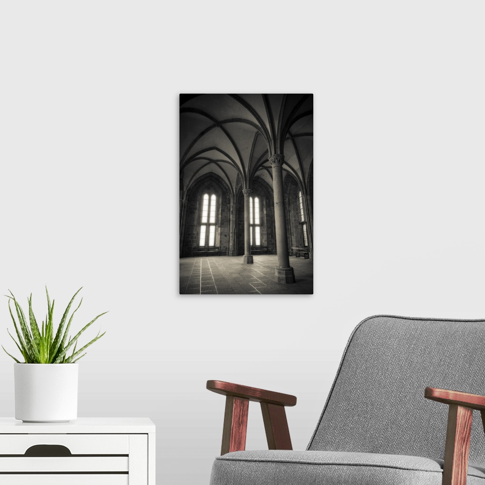 A modern room featuring Abbey interior, Mont Saint-Michel monastery, Normandy, France.