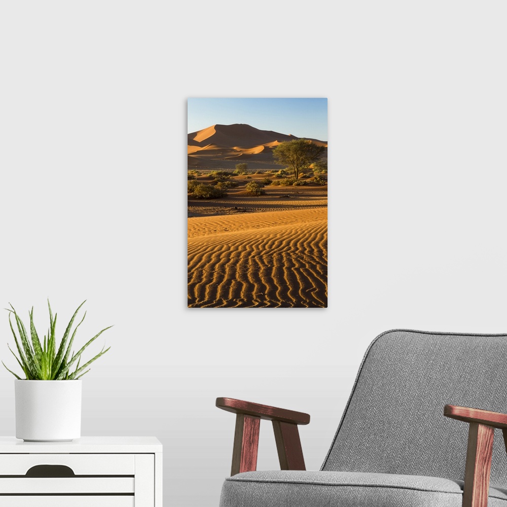 A modern room featuring Africa, Namibia, Namib Desert,  Namib-Naukluft National Park, Sossusvlei.  Scenic red dunes with ...
