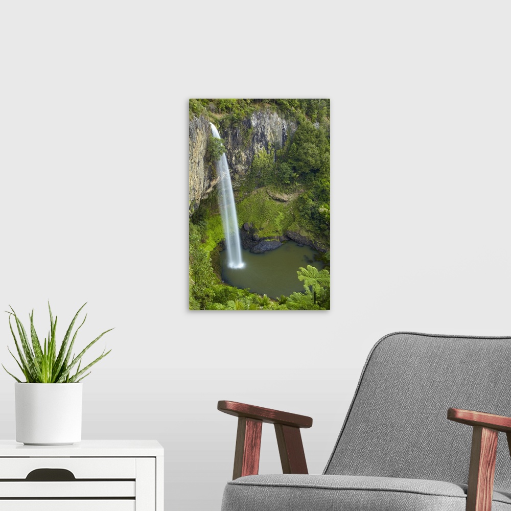 A modern room featuring Bridal Veil Falls, near Raglan, Waikato, North Island, New Zealand.