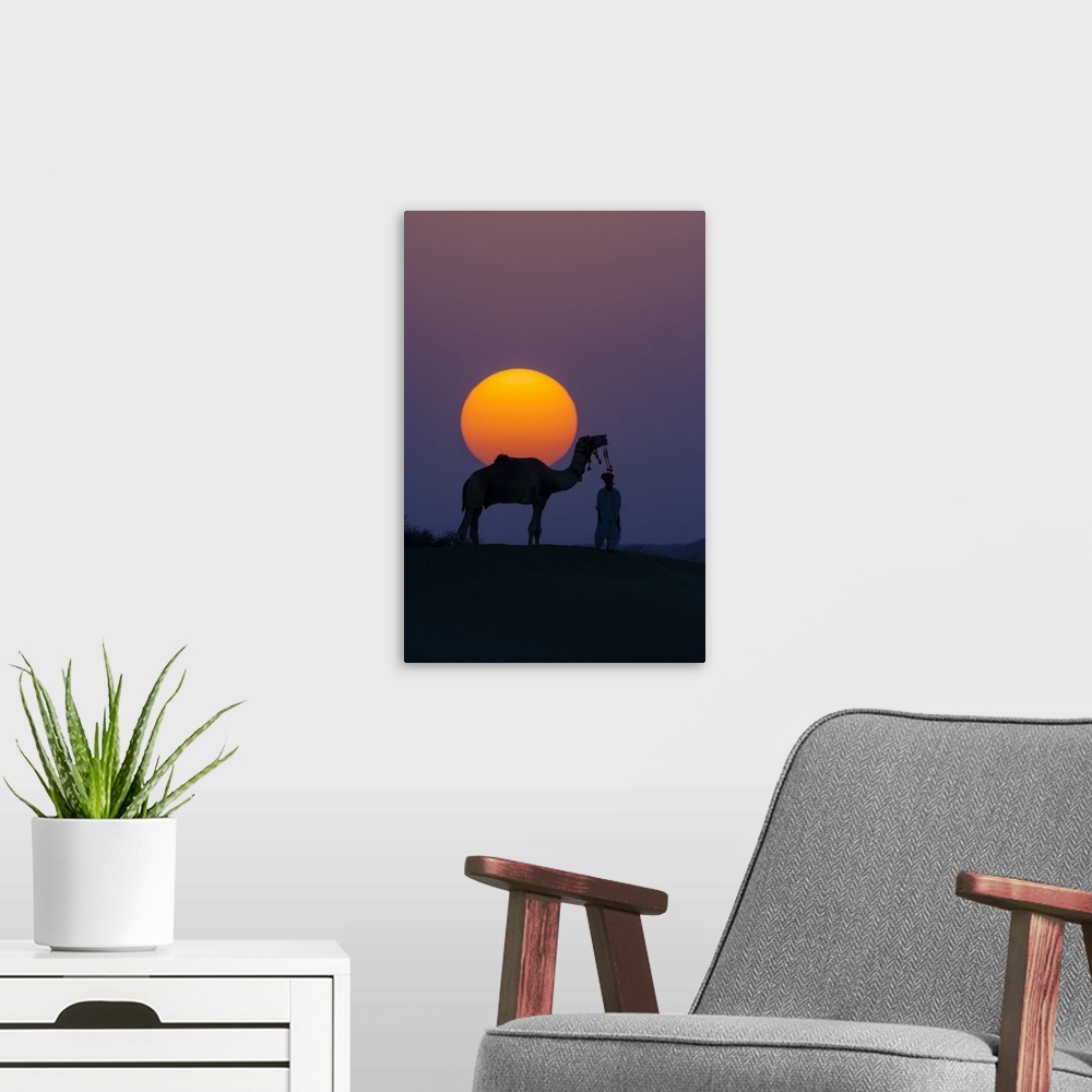 A modern room featuring Camel and person at sunset, Thar Desert, Rajasthan, India