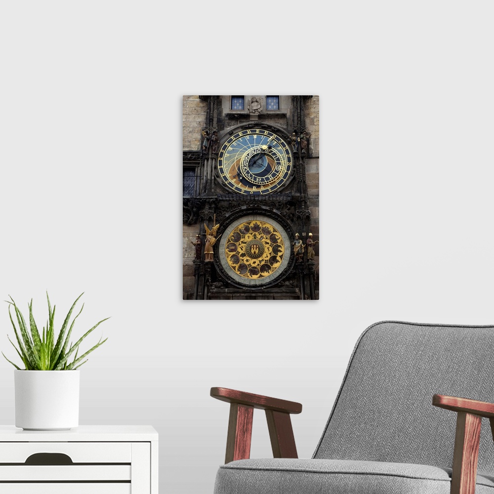 A modern room featuring Europe, Czech Republic, Prague. Close-up of astronomical clock on the town hall building. Credit ...