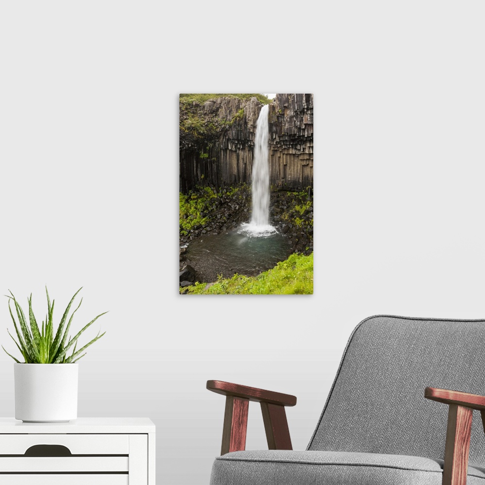 A modern room featuring Europe, Iceland, Southeast Iceland, Skaftafell National Park, Svartifoss, Black Falls. This water...