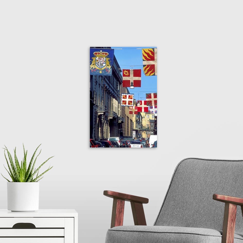 A modern room featuring Europe, Italy, Turin..Banners, flags on the streets.