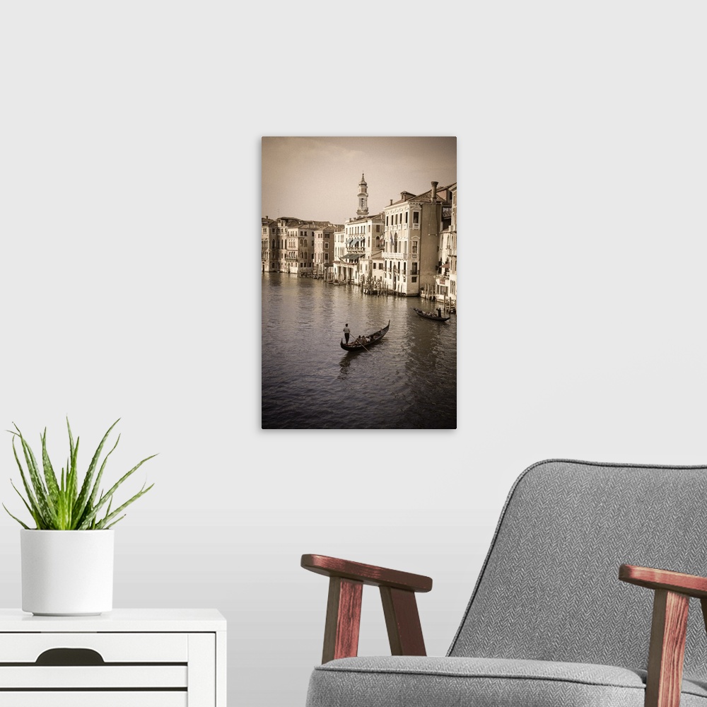 A modern room featuring Evening light and gondolas on the Grand Canal, Venice, Veneto, Italy.