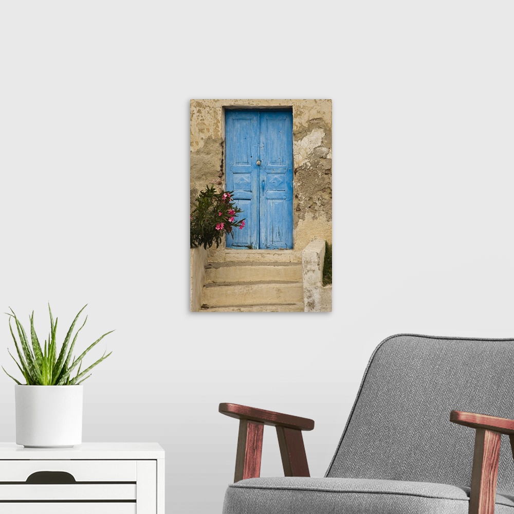 A modern room featuring Greece, old house, door, blue.