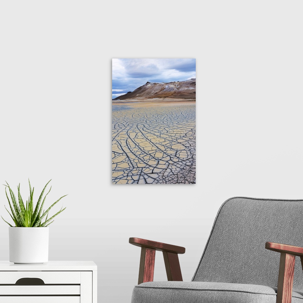 A modern room featuring Iceland, Lake Myvatn District, Hverir Geothermal Area, mud flats. Patterns of drying mud near the...