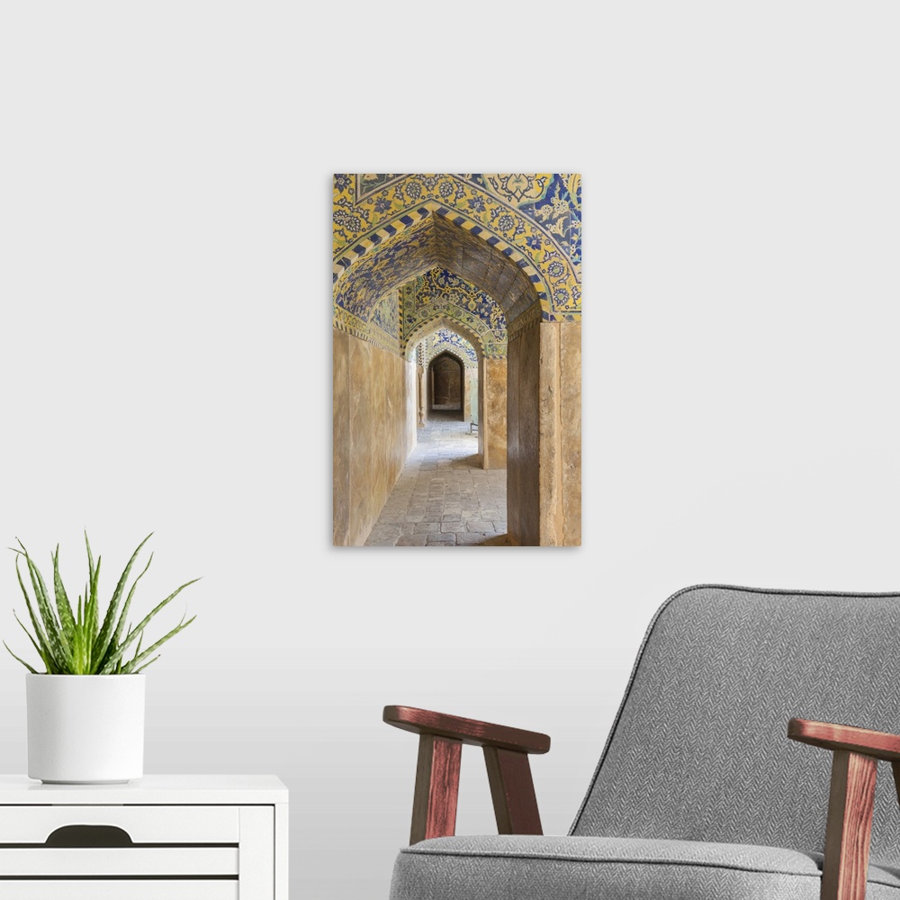 A modern room featuring Iran, Central Iran, Esfahan, Naqsh-e Jahan Imam Square, Royal Mosque, interior mosaic