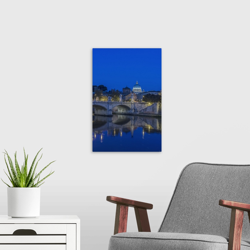 A modern room featuring Italy, Rome, Tiber River and Ponte Vittorio Emanuele with St. Peter's Basilica at dawn.
