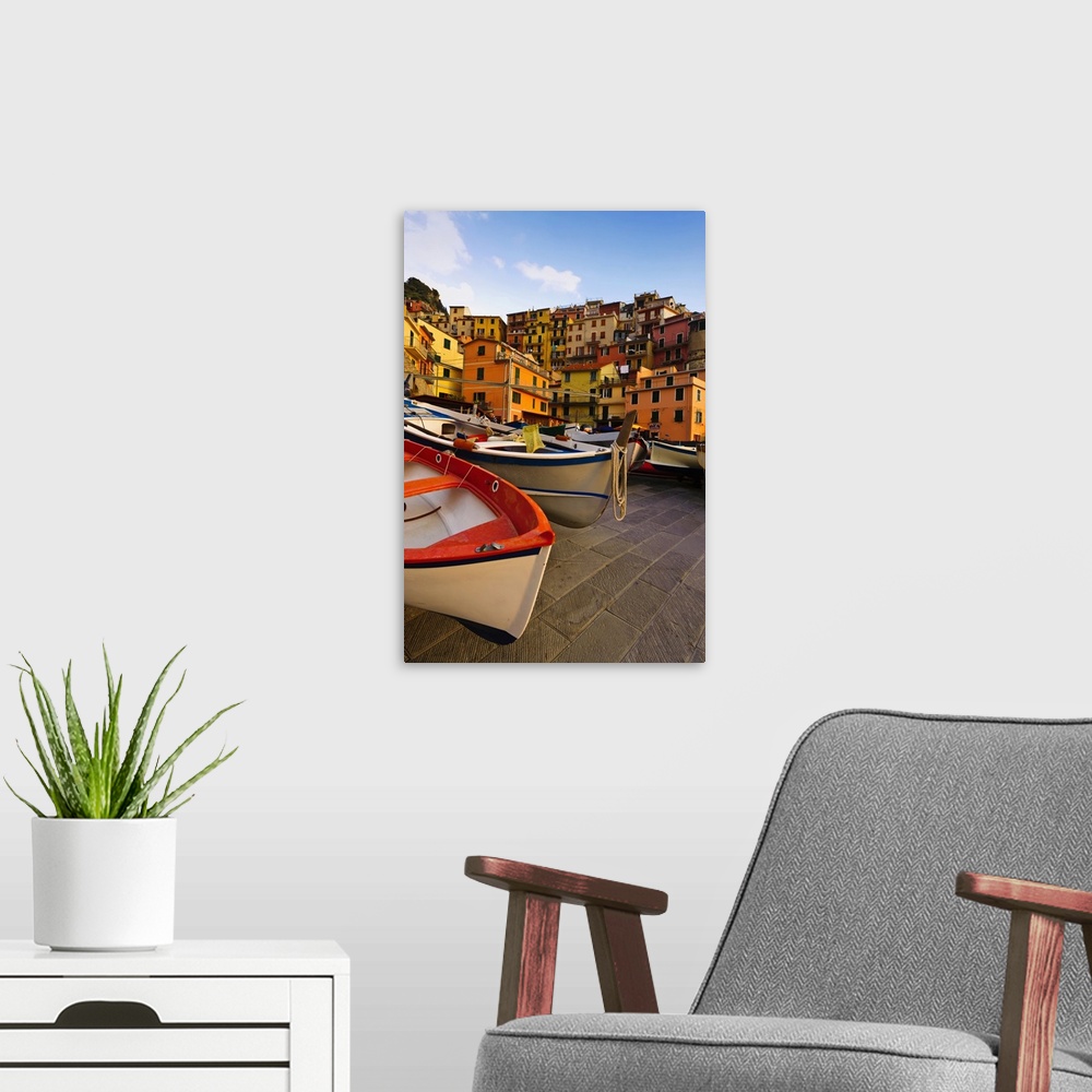 A modern room featuring Europe, Italy, Tuscany, Cinque Terre. Fishing boats at rest in Manarola in Cinque Terre.
