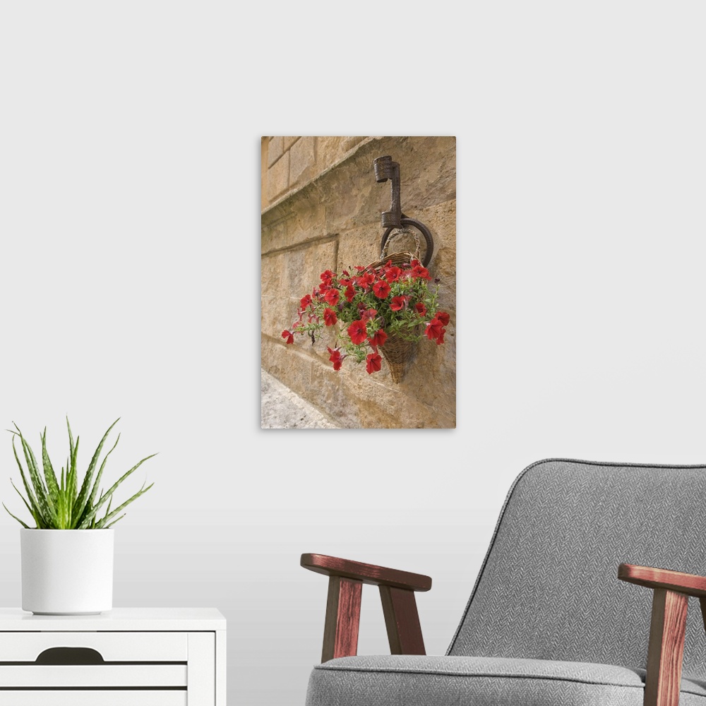 A modern room featuring Italy, Tuscany, Pienza. Colorful petunias spill from a basket on a stone wall.