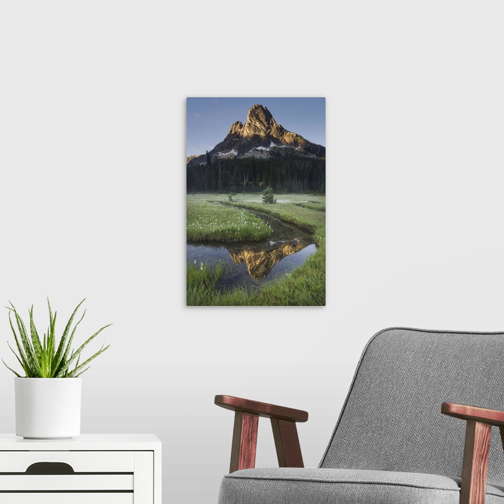 A modern room featuring Liberty Bell Mountain reflected in waters of State Creek, Washington State Pass meadows, North Ca...