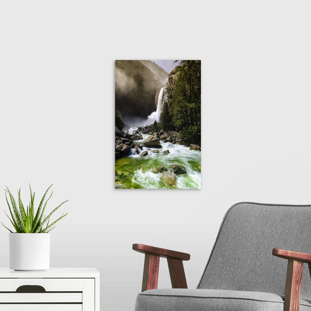A modern room featuring Lower Yosemite Falls,Yosemite National Park, California USA
