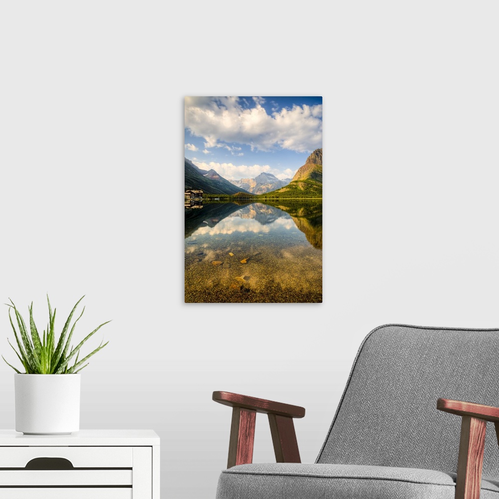 A modern room featuring MT, Glacier National Park, Many Glacier, Swiftcurrent Lake, with Many Glacier hotel and Grinnell ...