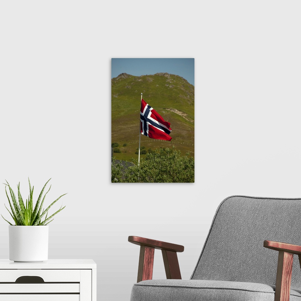 A modern room featuring Norway, Nordland, Lofoten Archipelago. Norwegian flag.