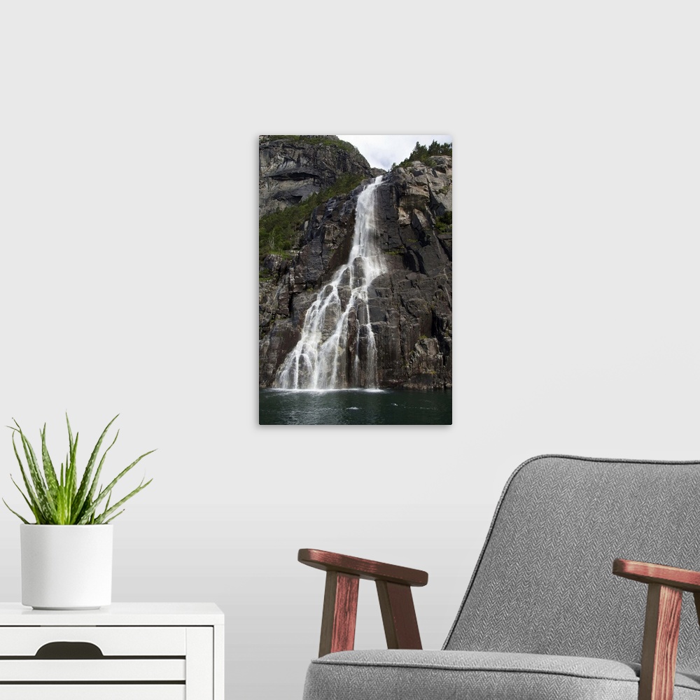 A modern room featuring Norway, Stavanger, Lysefjord (aka Lyse Fjord). Hanging Waterfall.