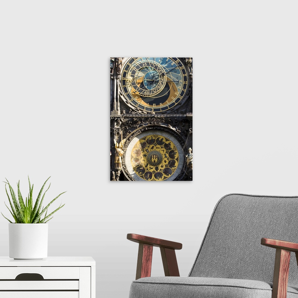 A modern room featuring The Prague Astronomical Clock or Prague Orloj.  The oldest part of the Orloj, the medieval mechan...