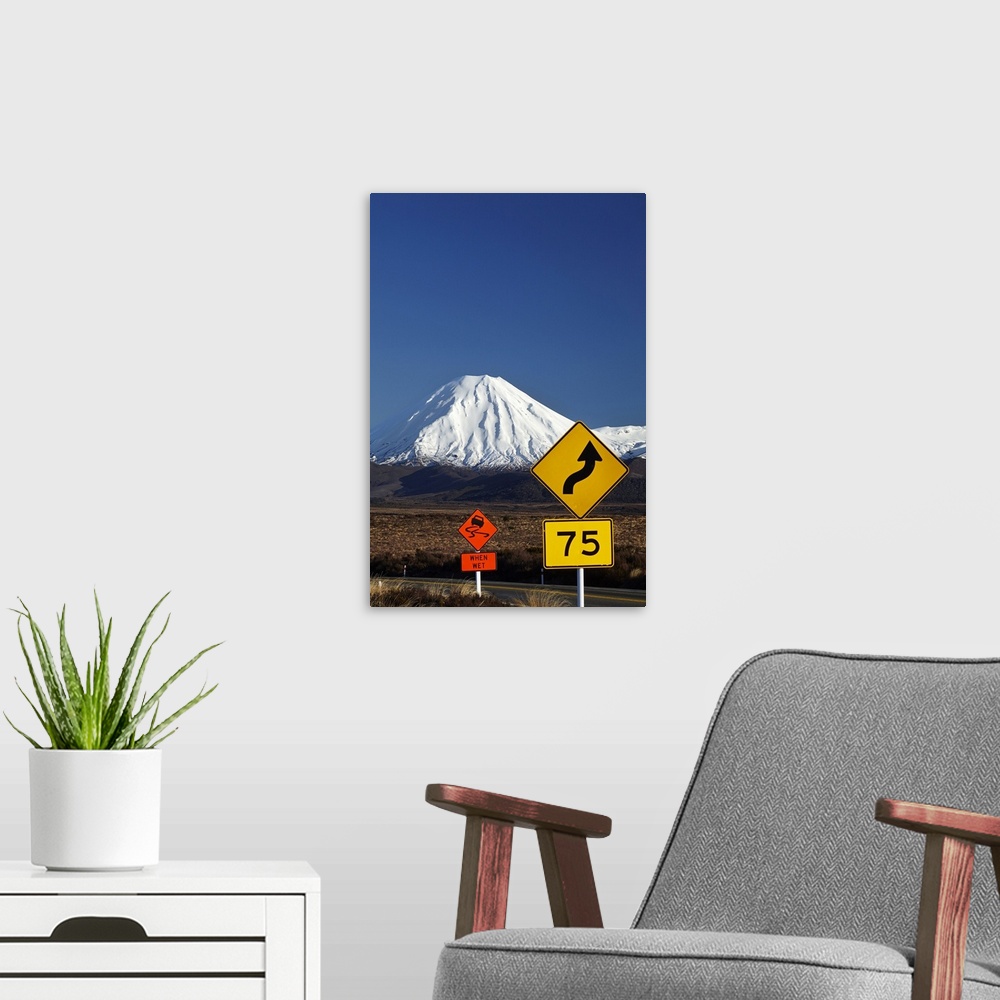 A modern room featuring Road signs on Desert Road and Mt. Ngauruhoe, Tongariro National Park, Central Plateau, North Isla...