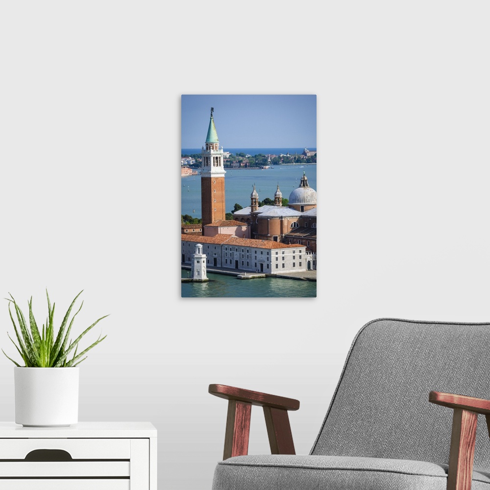 A modern room featuring San Giorgio Maggiore church and the Venetian Lagoon, Venice, Veneto, Italy.