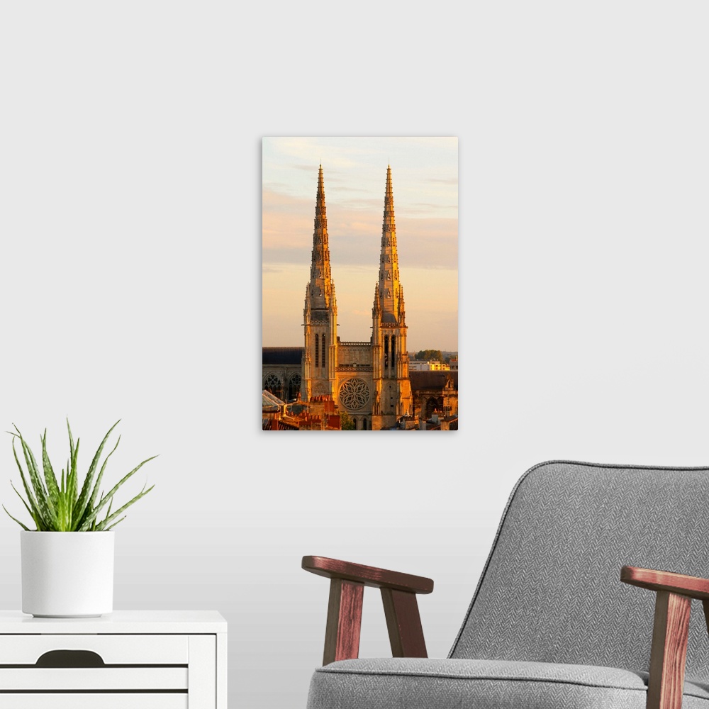 A modern room featuring The cathedral Saint Andre in Bordeaux, 11th-12th century, with its majestic twin gothic towers at...