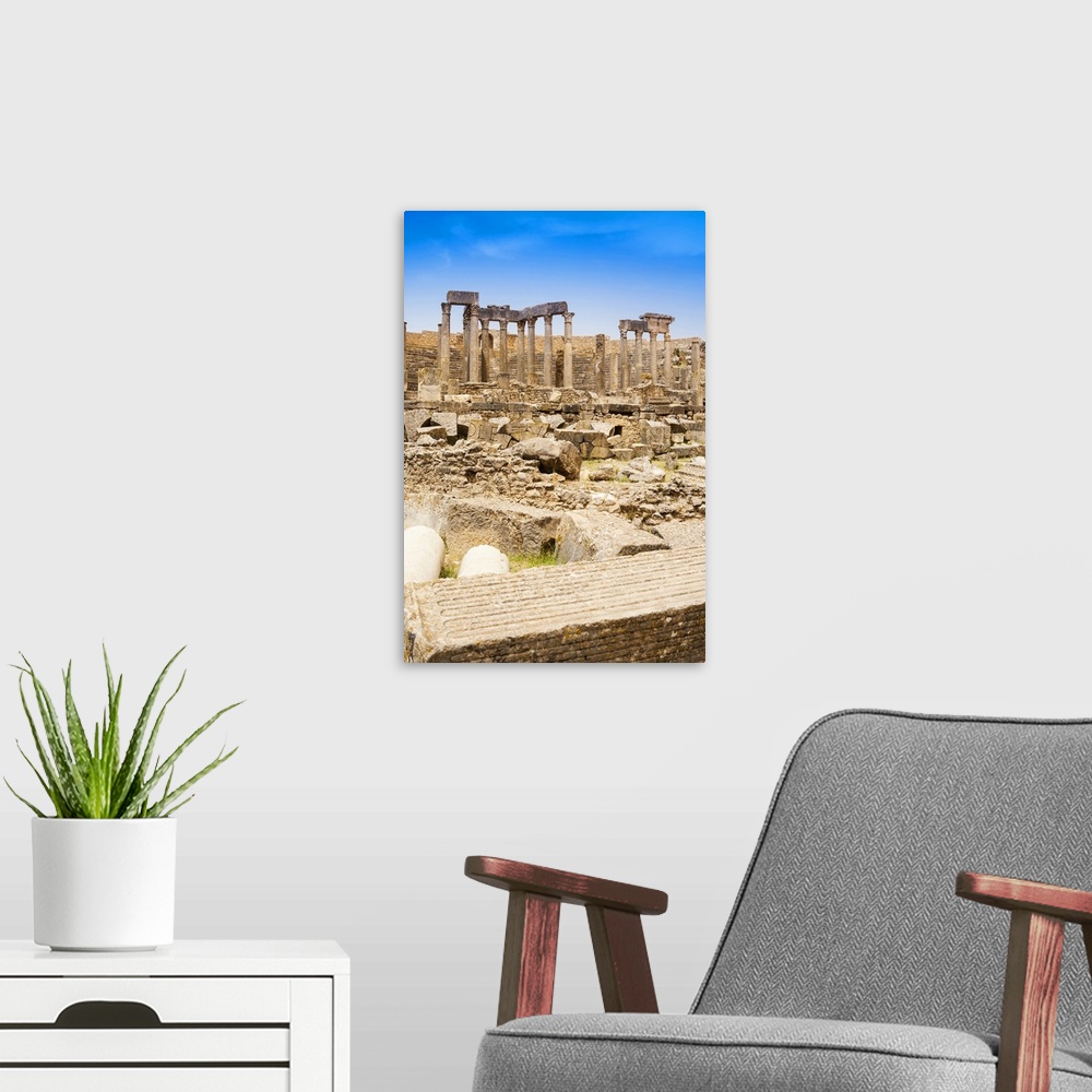 A modern room featuring The Theatre, Roman ruins, Dougga Archaeological Site, UNESCO World Heritage Site,  Tunisia, North...