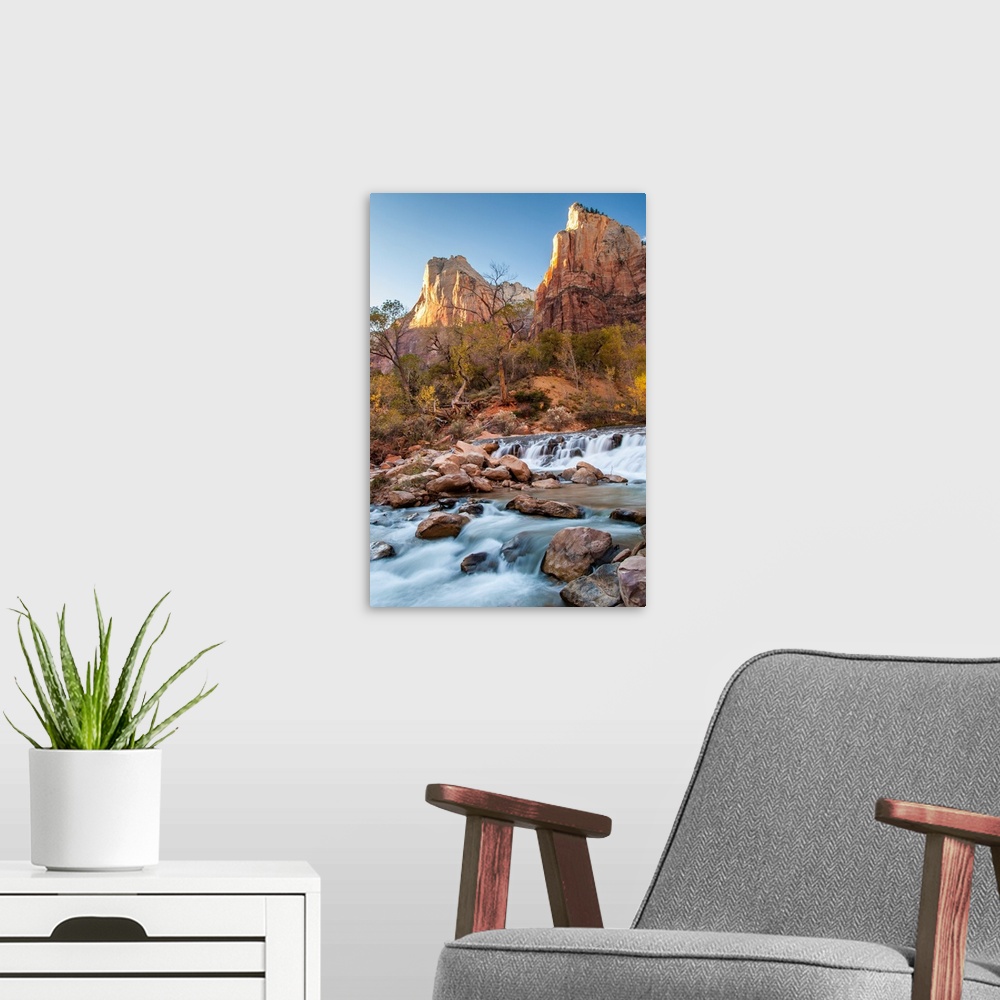 A modern room featuring USA, Utah, Zion National Park. The Patriarchs formation and Virgin River.