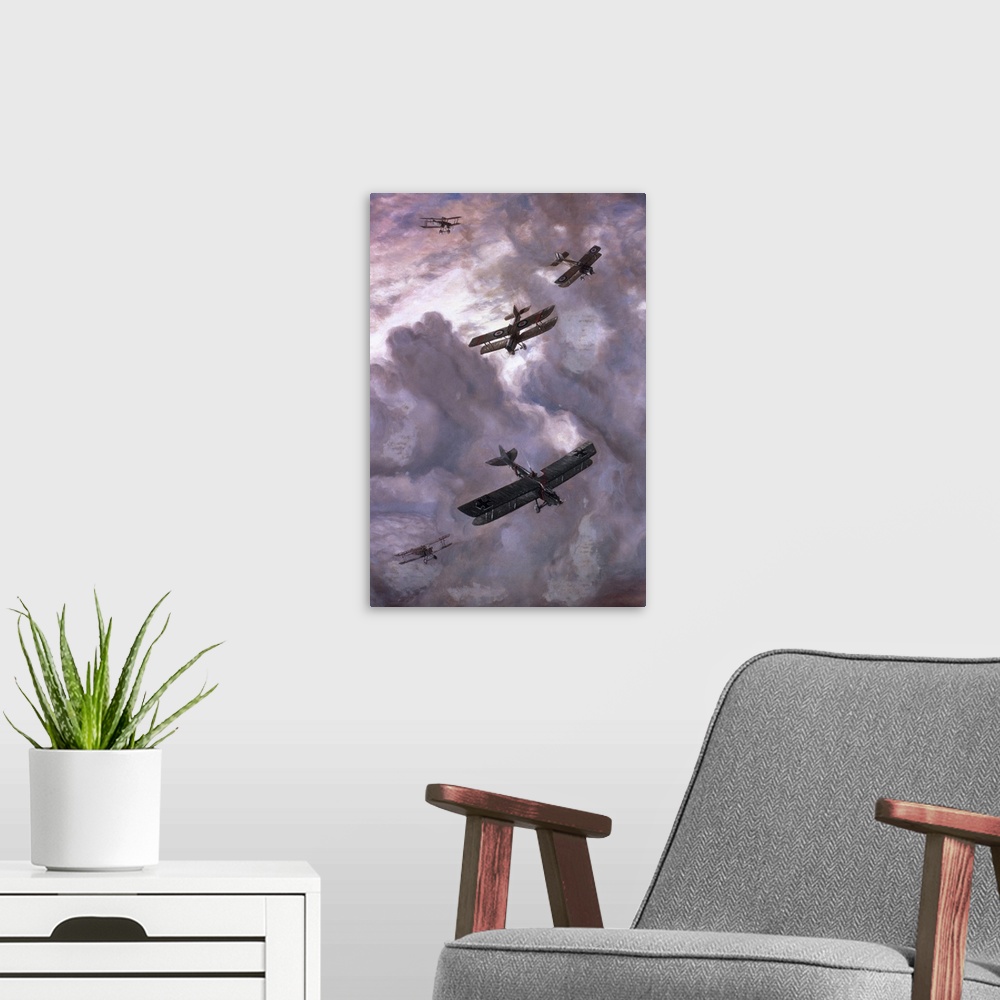 A modern room featuring World War I (1914-1918). Aerial battle between French (Model Nieuport 17) and German (Albatros D-...