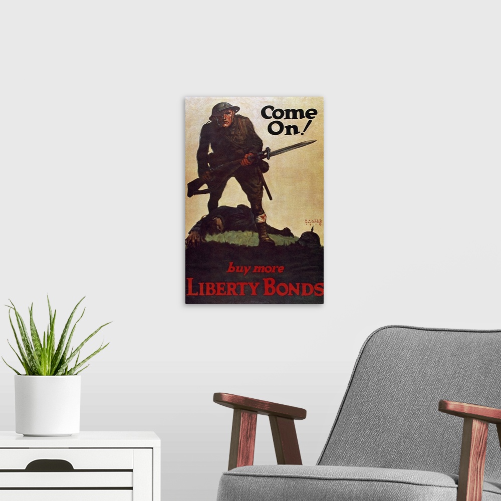 A modern room featuring World War I (1914-1918). Poster 'Come On!', by Walter Whitehead. 1918.