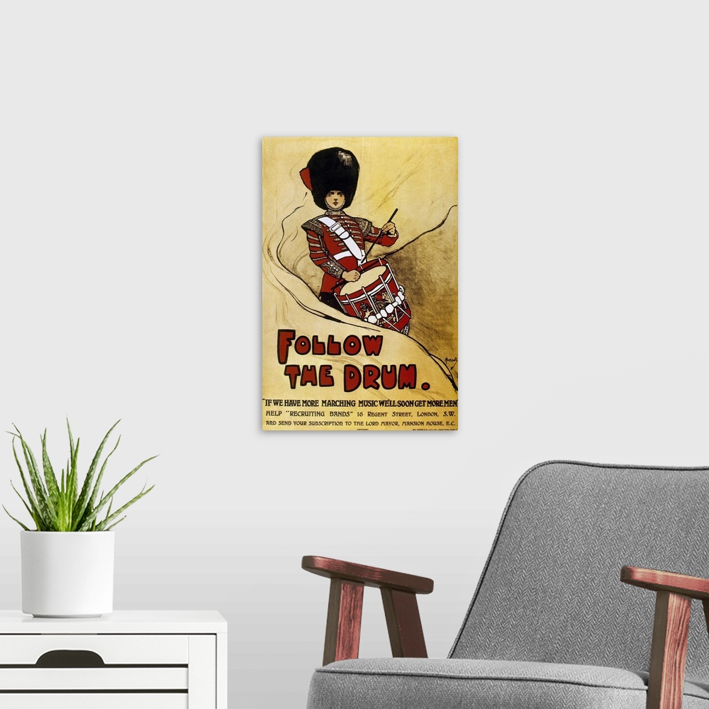 A modern room featuring World War I (1914-1918). Poster 'Follow the Drum', by John Hassal (1868-1948), published by the B...