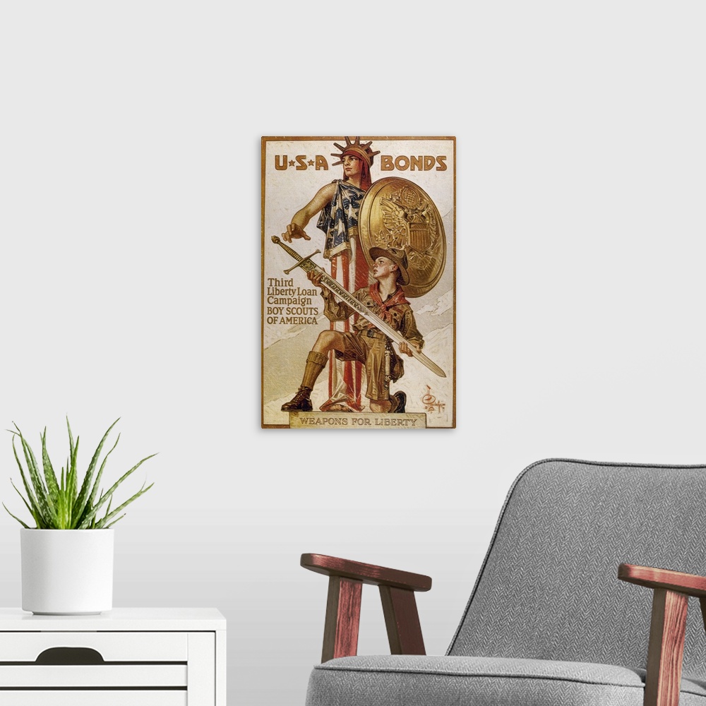 A modern room featuring World War I (1914-1918). Poster 'USA Bonds Third Liberty Loan Campaign'. Boy Scouts of America (1...