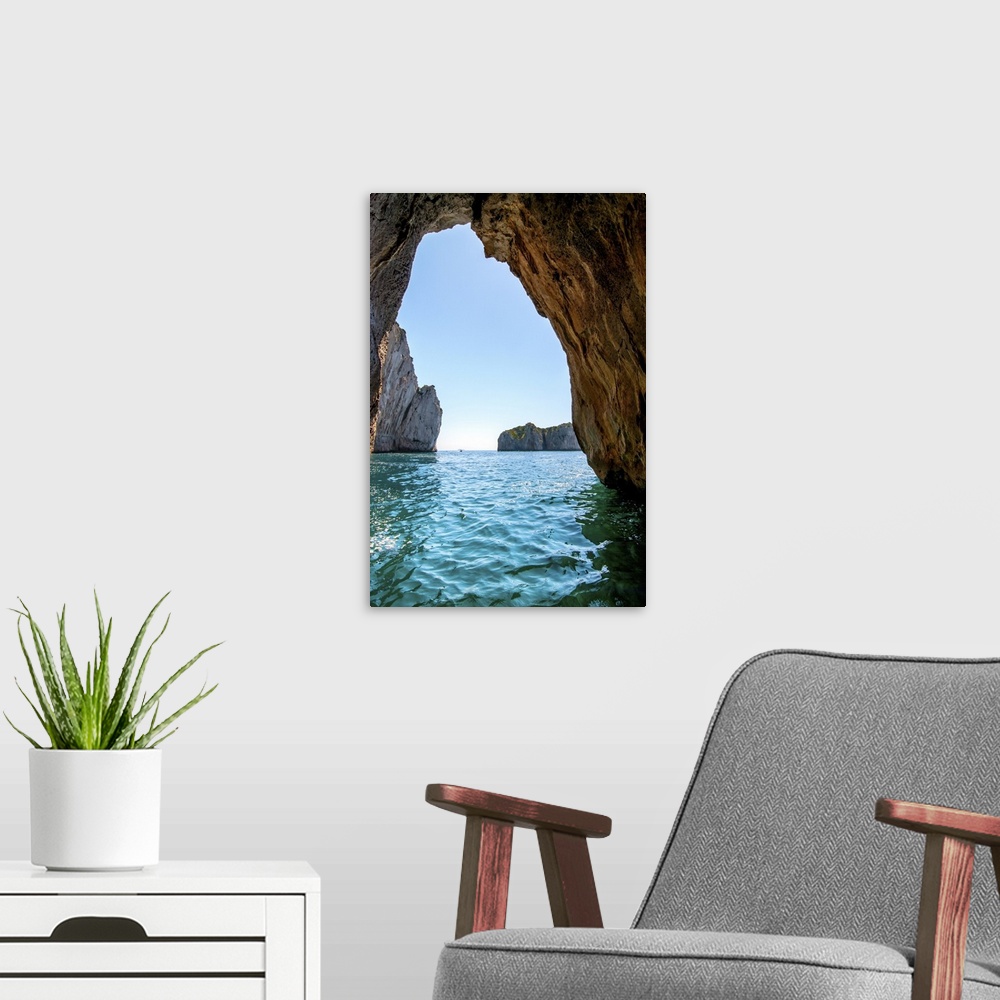 A modern room featuring Blue grotto in Capri island, Italy. Inside cave view.