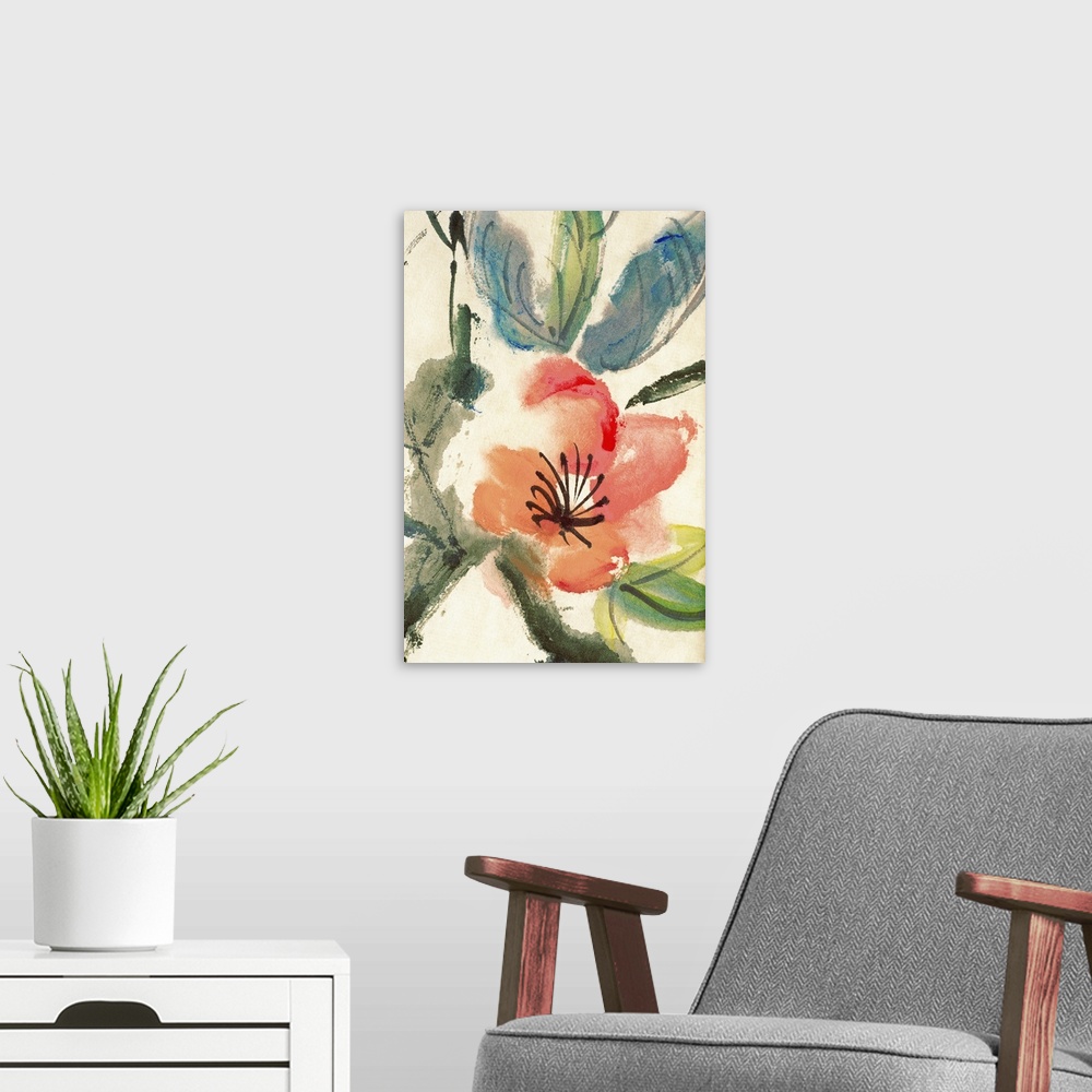 A modern room featuring Colorful Chinese painting of flowers and leaves.